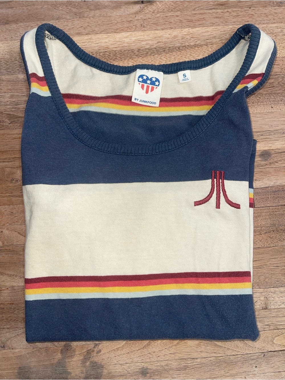 Junk Food Atari Striped Tank Top Size Small | Retro Graphic | Navy Cream